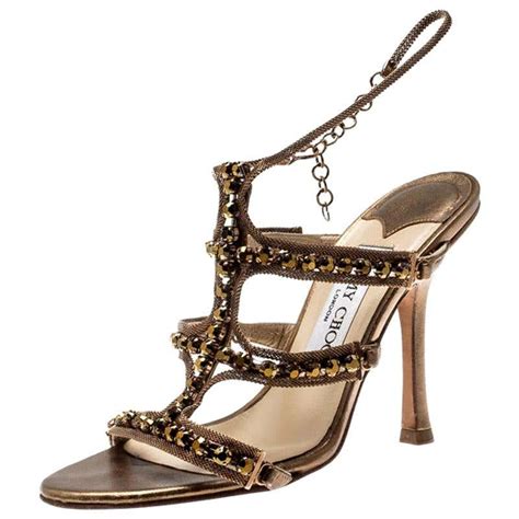 Jimmy Choo Gold Metallic Leather And Jewel Embellished Strappy Sandals Size 35 At 1stdibs