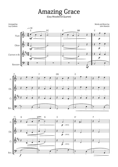 Amazing Grace Beautiful Easy Version For Woodwind Quartet Arr