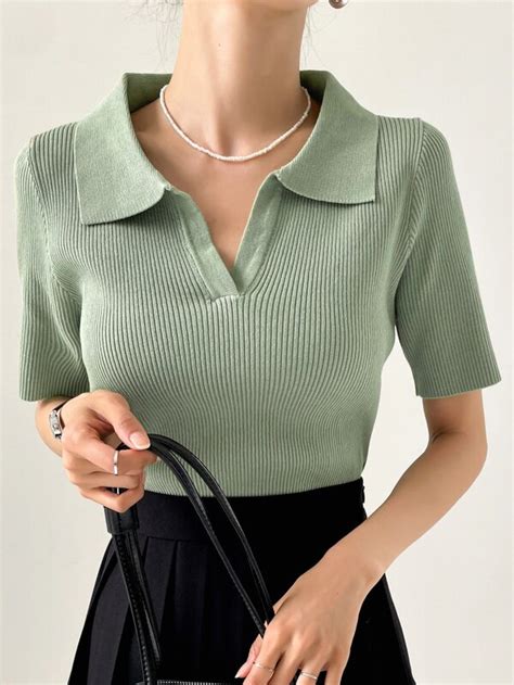 Dazy Polo Neck Ribbed Knit Top Shein Usa