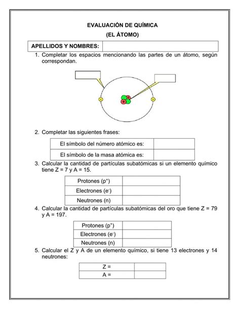 Evaluación El átomo worksheet Chemistry Science School