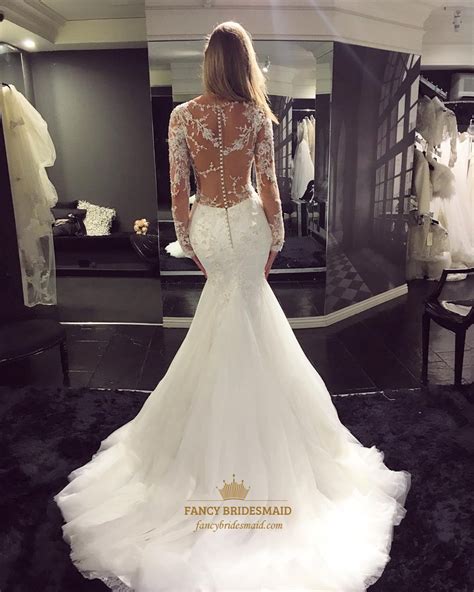 White V Neck Sheer Lace Long Sleeve Mermaid Wedding Dress With Train Fancy Bridesmaid Dresses