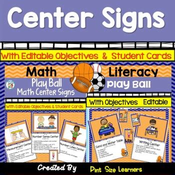 Center Signs | Math | Literacy | Sports Themed | With Objectives