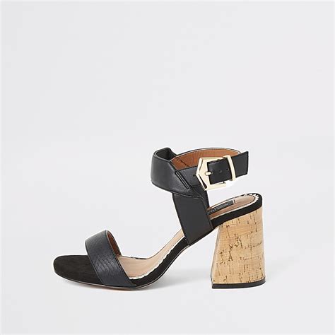 Black cork block heel wide fit sandals | River Island