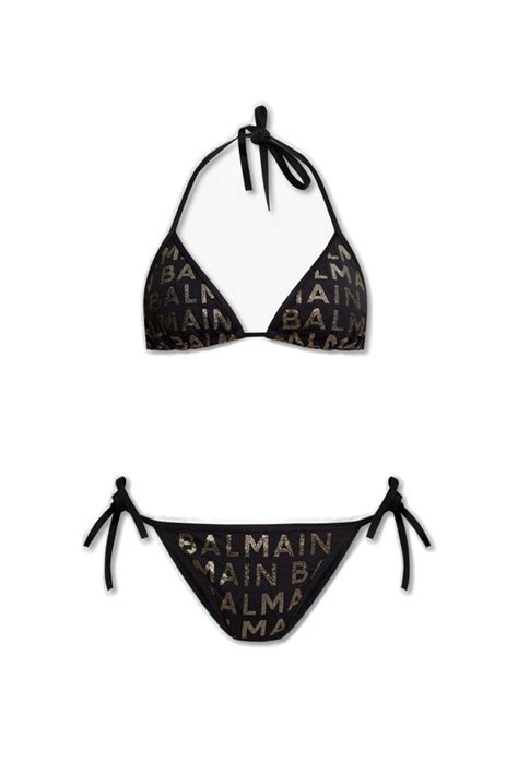 Balmain Glitter Logo Triangle Bikini In Black Gold ModeSens