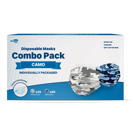 Disposable Face Masks 3 Ply Individually Wrapped 50ct Combo Pack Camo