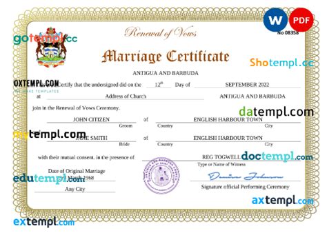 Antigua And Barbuda Marriage Certificate Word And Pdf Template Fully