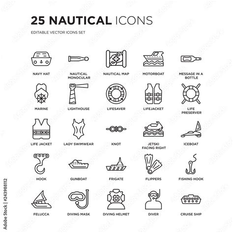 Set Of Nautical Linear Icons Such As Navy Hat Monocular Nautical