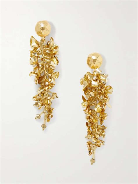 OSCAR DE LA RENTA Flower Vine Gold Tone Crystal And Bead Clip Earrings