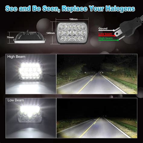 Partsam 2pcs Rectangle H6054 Led Headlights 5x7 7x6 Headlamp Hi Low Sealed Beam H4 9003 Plug