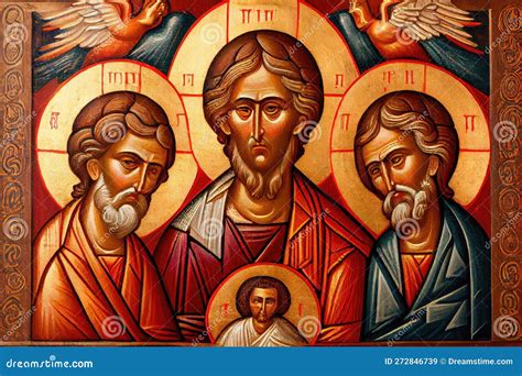 Traditional Icon Of The Trinity With Depictions Of The Father Son And