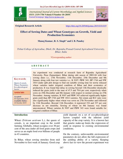 PDF Effect Of Sowing Dates And Wheat Genotypes On Growth Yield And