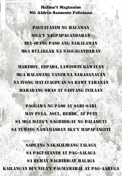 Tula Poem Tungkol Sa Pagpapahalaga At Pag Aalaga Ng Halaman Brainly Ph