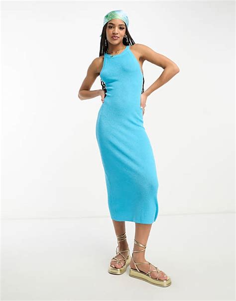 Asos Design Knitted Halter Maxi Dress In Textured Yarn In Bright Blue Asos