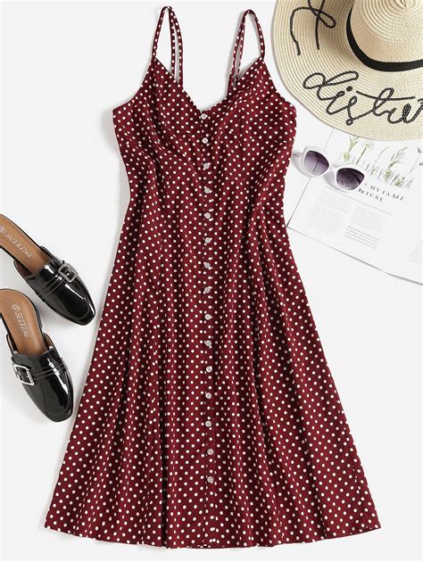 41 OFF 2020 Polka Dot Button Up Midi Slip Dress In RED WINE ZAFUL