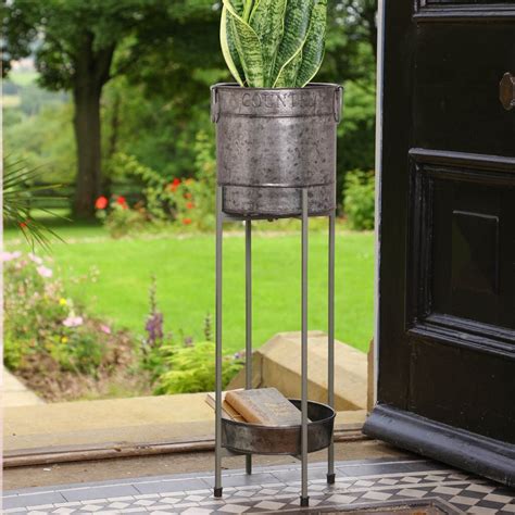 Tall Metal Planter On Stand With Tray Contemporary Galvanised Etsy