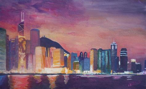 Hong Kong Skyline At Night Painting By M Bleichner