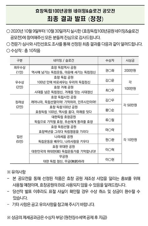 발표 네이밍and슬로건 공모전 최종 결과 발표정정 공지사항 효창독립 100년 메모리얼 프로젝트