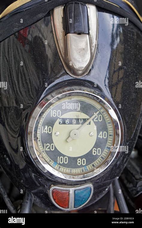 Classic Vintage Motorcycle Speedometer At Top Of Headlight Stock Photo