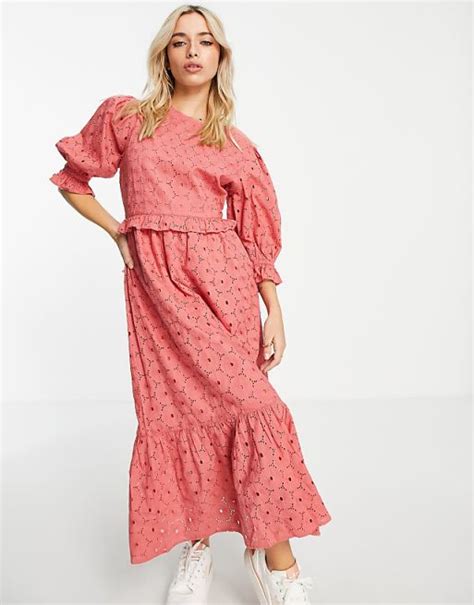 Miss Selfridge Broderie Ruffle Midi Dress In Rose Asos