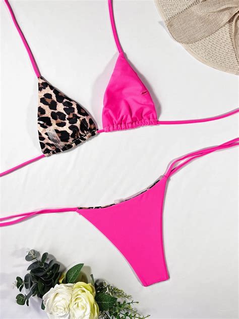 Bañador bikini triángulo halter de leopardo Rosa Fucsia