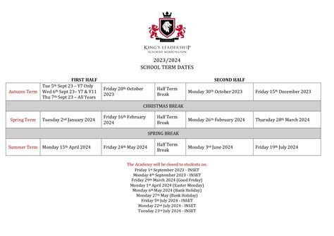 Term Dates - King's Leadership Academy Warrington