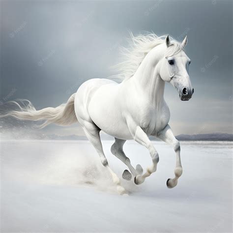 Premium Photo | A white horse is running in the snow.