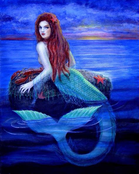 Red Hair Mermaid With Blue Tail In Water Art Meerjungfrau Malerei