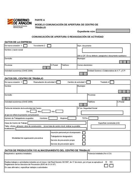 Modelo Comunicacion De Apertura De Centro De Trabajo Parte A Modelo