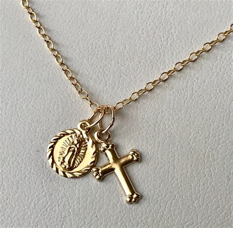 Tiny Gold Cross And Virgin Mary Necklacegold Miraculous Medal Etsy