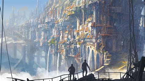 Hd Wallpaper Fantasy City Waterfall Edge Cliff People Artwork