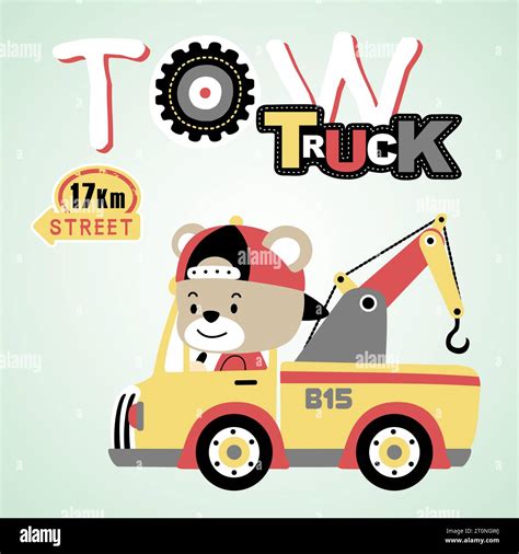 Cute Bear Driving Tow Truck Vector Cartoon Illustration Stock Vector