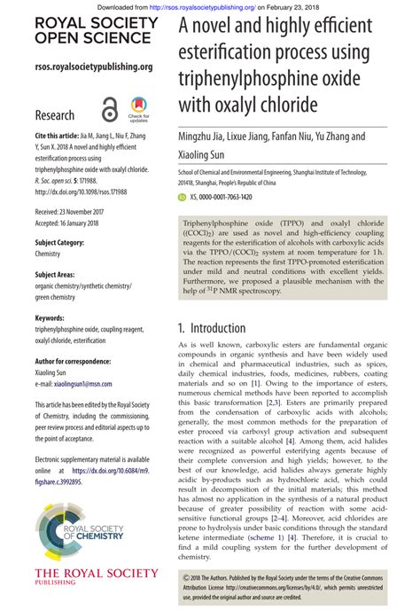 Pdf A Novel And Highly Efficient Esterification Process Using