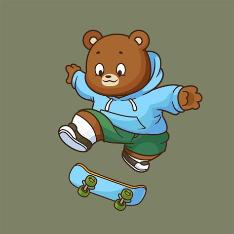 Lindo Oso De Peluche De Dibujos Animados Jugando Patineta Vector