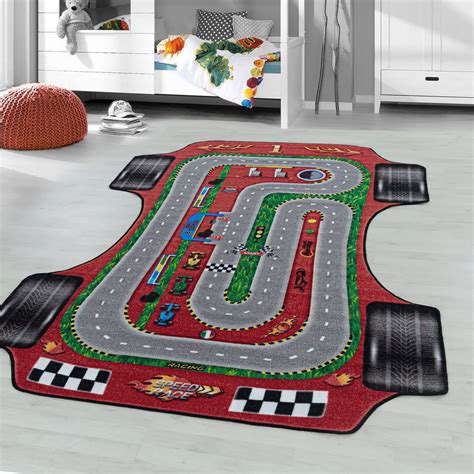 Kids Play Game Nursery Non Slip Mat Formula 1 Racing Car Road Rug In Red