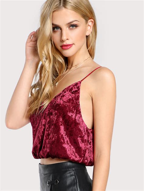 Velvet Spaghetti Strap Crop Top Red Shein Sheinside