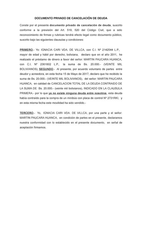 Documento Privado DE Cancelación DE Deuda 2 DOCUMENTO PRIVADO DE