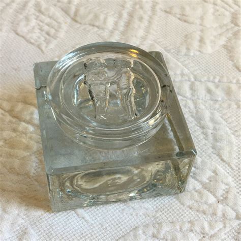 Vintage Clear Crystal Ink Well With Boy And Girl On Lid Clear Glass