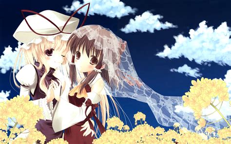 2girls Blonde Hair Brown Eyes Brown Hair Clouds Flowers Hakurei Reimu Hat Hug Japanese Clothes