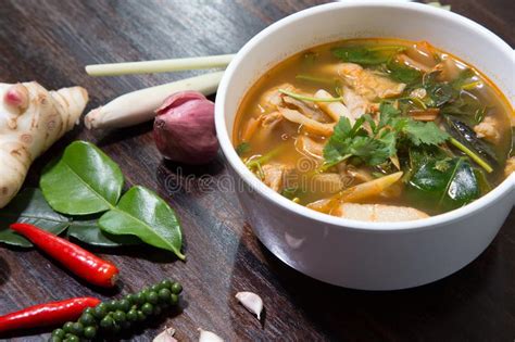 Hot And Spicy Pork Bone With Tamarind And Thai Herbs Soup On Bowl Stock