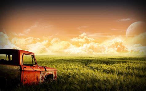 Wallpaper Sunlight Landscape Fantasy Art Sunset Car Grass Sky