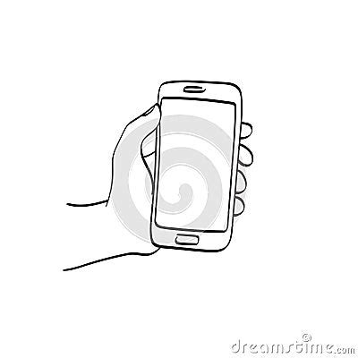 Line Art Closeup Hand Holding Smartphone Illustration Vector Hand Drawn