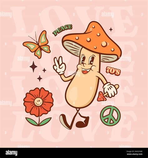 Trippy retro cartoon characters set. Happy fly agaric mushroom, flower ...