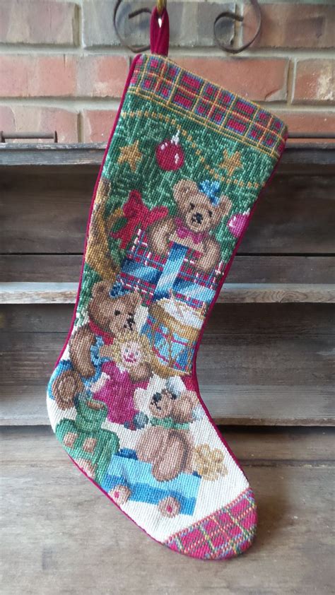 Vintage Teddy Bear And Plaid Needlepoint Stocking Vintage Etsy