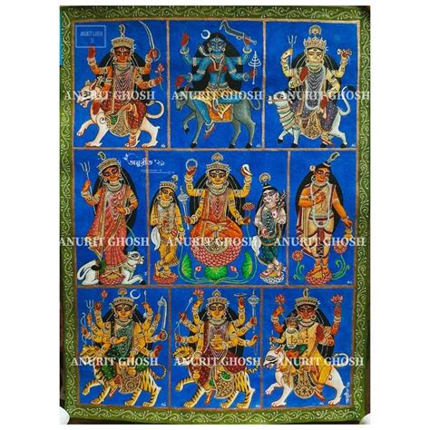 The Nine Deities Of Hindu Mythology Painted In Blue And Green With