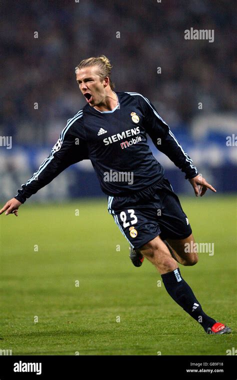 Real Madrid's David Beckham celebrates scoring the opening goal against ...