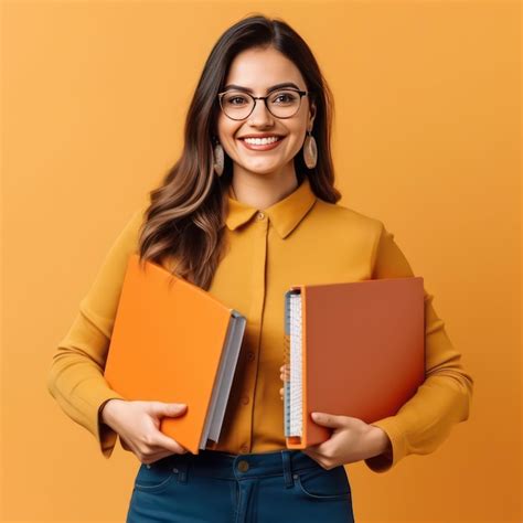 Premium Photo A Smiling Woman Holding Orange Planners And Notebooks