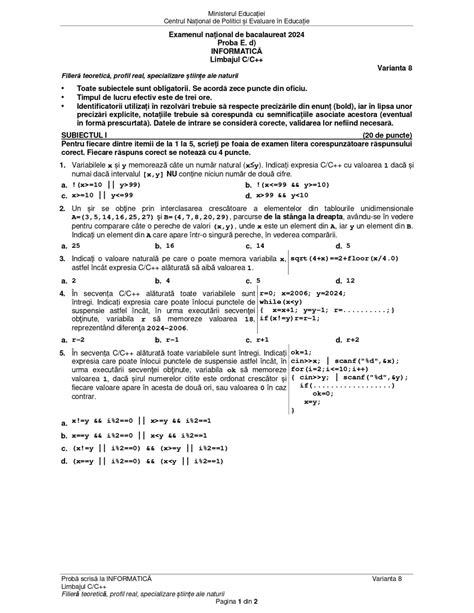 Ultima Or Subiecte I Bareme De Corectare Informatic Bacalaureat De