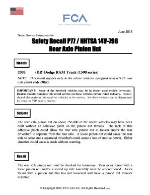 Fillable Online SAFETY RECALL P77 NHTSA 14V796 REAR AXLE PINION NUT