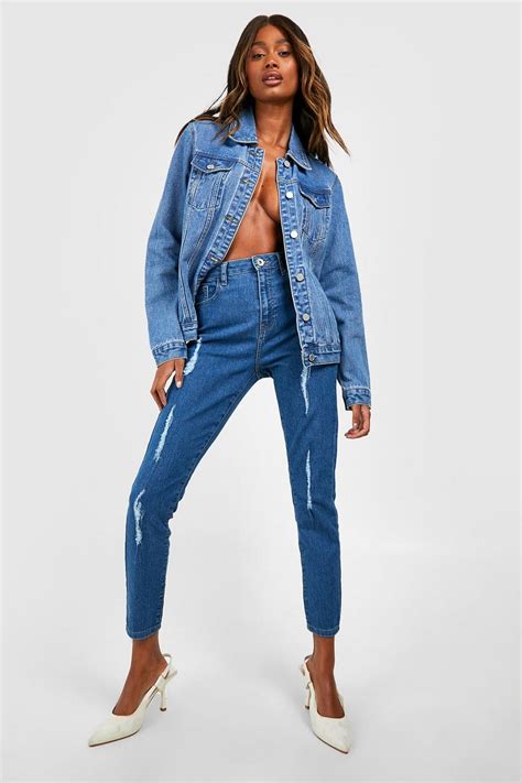 Mid Blue Basics High Waisted Extreme Ripped Skinny Jeans Boohoo Uk