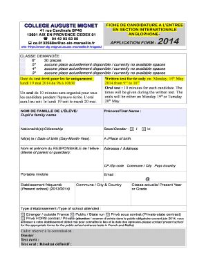 Fillable Online Clg Mignet Ac Aix Marseille Application Form Sec Inter